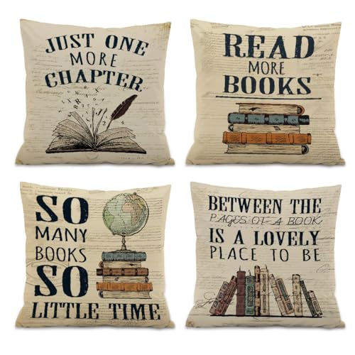 ISANOU Reading Nook Decor,Vintage Book Theme Throw Pillow Covers 18x18 Set of 4,Cozy Reading Corner Decor for Classroom Library Book Club,Book Lover Gifts for Women