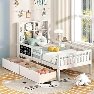 Giantex Twin Bed with 2 Storage Drawers, Solid Wood Kids Bed Frame w/Bookcase Headboard & Blackboard, Full-Length Guardrails & Wooden Slats Support, Twin Bed Frames for Kids Boys Girls, White Giantex Twin Bed with 2 Storage Drawers Solid Wood Kids Bed Frame wBookcase Headboard Blackboard Full Length Guardrails Wooden Slats Support Twin Bed Frames for Kids Boys Girls White
