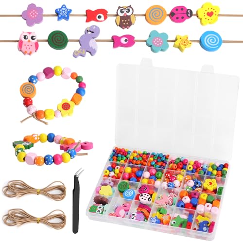 1 VOSSOT Perle di legno da infilare, 433 pezzi, perline colorate da infilare, per bambini, fiori e animali, perline di legno con corda, per braccialetti fai da te e creazione di gioielli