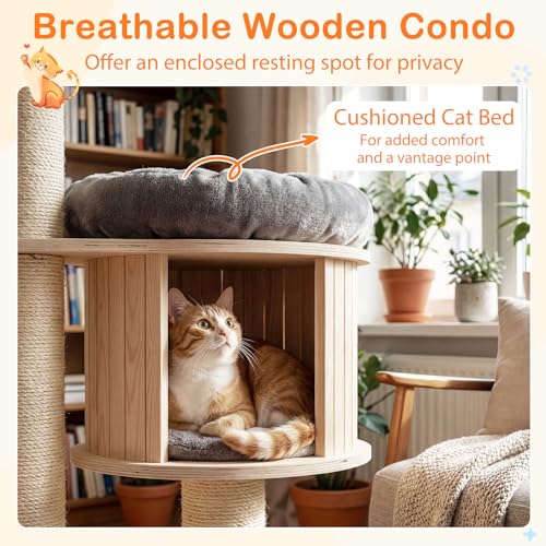 Image of Tangkula Modern Cat Tree, Multi-Level Large Cat Tower with Condo, Hammocks & Hanging Basket, Tall Cat Tree with Sisal Posts, Washable Cushions, Wood Cat Trees and Towers for Indoor Large Cats