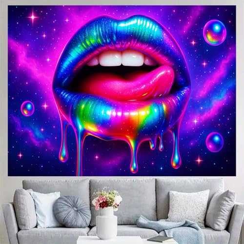 Image of BlissYard Neon Lips Galaxy Blacklight Tapestry Glow In The Dark UV Reactive Wall Hanging With Psychedelic Space Drip Poster Black Light Tapestries For Bedroom Party Decor 78x59 Inch