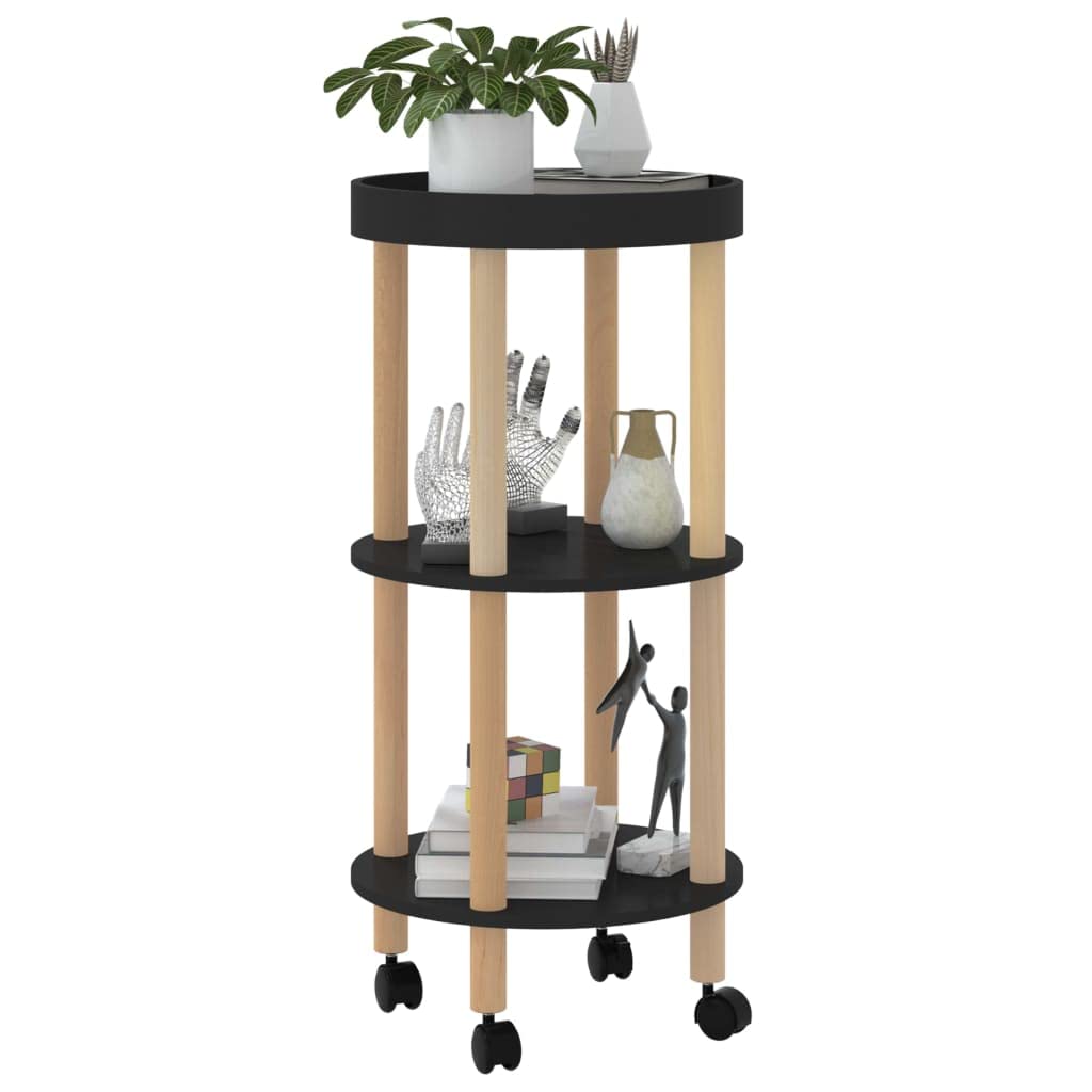 Carrello da portata a 3 ripiani, nero, in legno di pino, 38 x 38 x 82 cm, con ruote e molto spazio per cucina, carrello da bar, isola da cucina, carrello e carrello d'appoggio