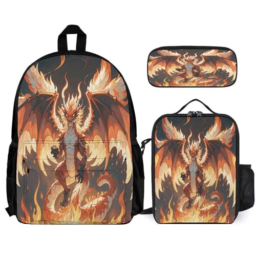 3-in-1 Backpack Combination Set Flaming Dragon Print 3Pcs Backpack Sets Travel Daypack with Lunch Bag And Cosmetic Bag