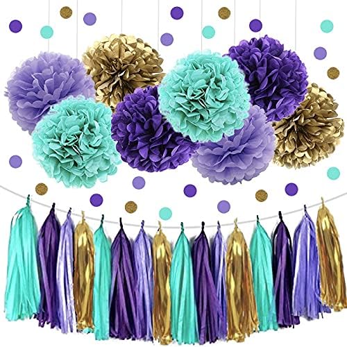 IGUO 30pcs Raya and The Last Dragon Decor Purple Lavender Green Gold Tissue Paper Pom Poms Princess Jasmin Party Flowers Tissue Tassel Garland Polka Dot Paper Garland for Baby Shower Mermaid Birthday