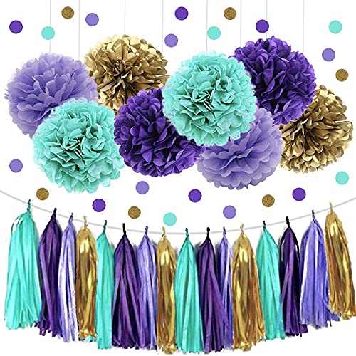 IGUO 30pcs Raya and the Last Dragon Decor Purple Lavender Green Gold Tissue Paper Pom Poms Princess Jasmin Party Flowers Tissue Tassel Garland Polka Dot Paper Garland for Baby Shower Mermaid Birthday