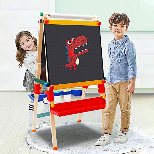 Arkmiido Chevalet pour Enfants Chevalet Double-Face Tableau Noir et Blanc Tableau Magnétique Enfant Chevalet Réglable en Bois avec Boîte de Rangement et Rouleau de Papier pour Fille et Garçon