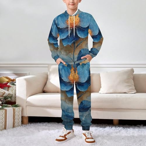 Boys Girls Sweatshirt Pullover Hoodie & Pants Kid Active Sweatsuit Tracksuit, Alchemy Blue Flower Flaming3