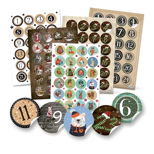 Adventskalender Zahlen Aufkleber 5 x 24 Stück: Premium Sticker Ziffern Kalender 1 bis 24 Zahlensticker Weihnachten Adventskalenderzahlen zum Aufkleben Etiketten Nummern Ø 4 cm