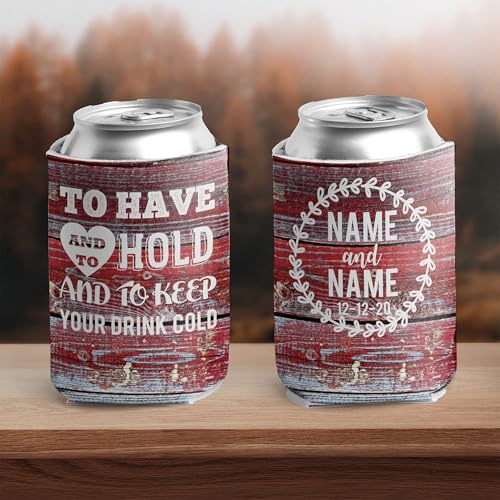 VictoryStore Can and Beverage Coolers: Customizable Red Barn wood “To Have And To Hold” Rustic, Vintage Wedding Can Coolers Design 3 (25)