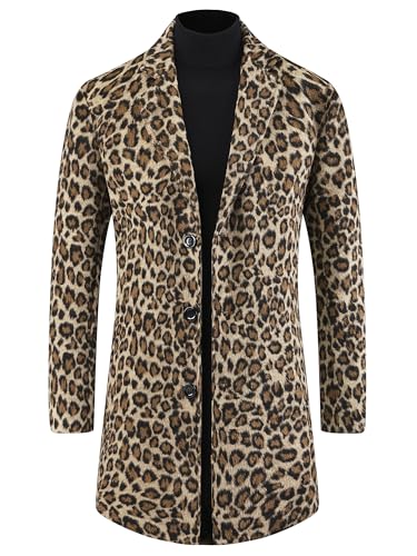 Lars Amadeus Animal Printed Trench Coat for Men's Notched Lapel Classic Vintage Winter Overcoats