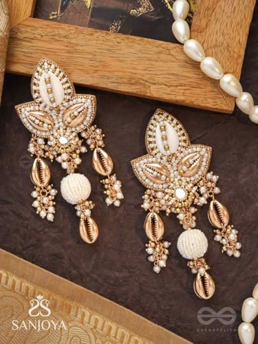 Image of SANJOYA Hand Embroidered Gold-Toned Cowrie Shell & Pearl Statement Jewellery Earrings for Women & Girls| Kundan Floral Ethnic Danglers | Lightweight Jewelry for Haldi, Mehndi, Sangeet & Wedding