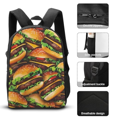 Cheeseburgers Hamburgers Print Backpack Sets with Lunch Bag and Pencil Case Casual 17 Inch Daypack Set for Men and Women3