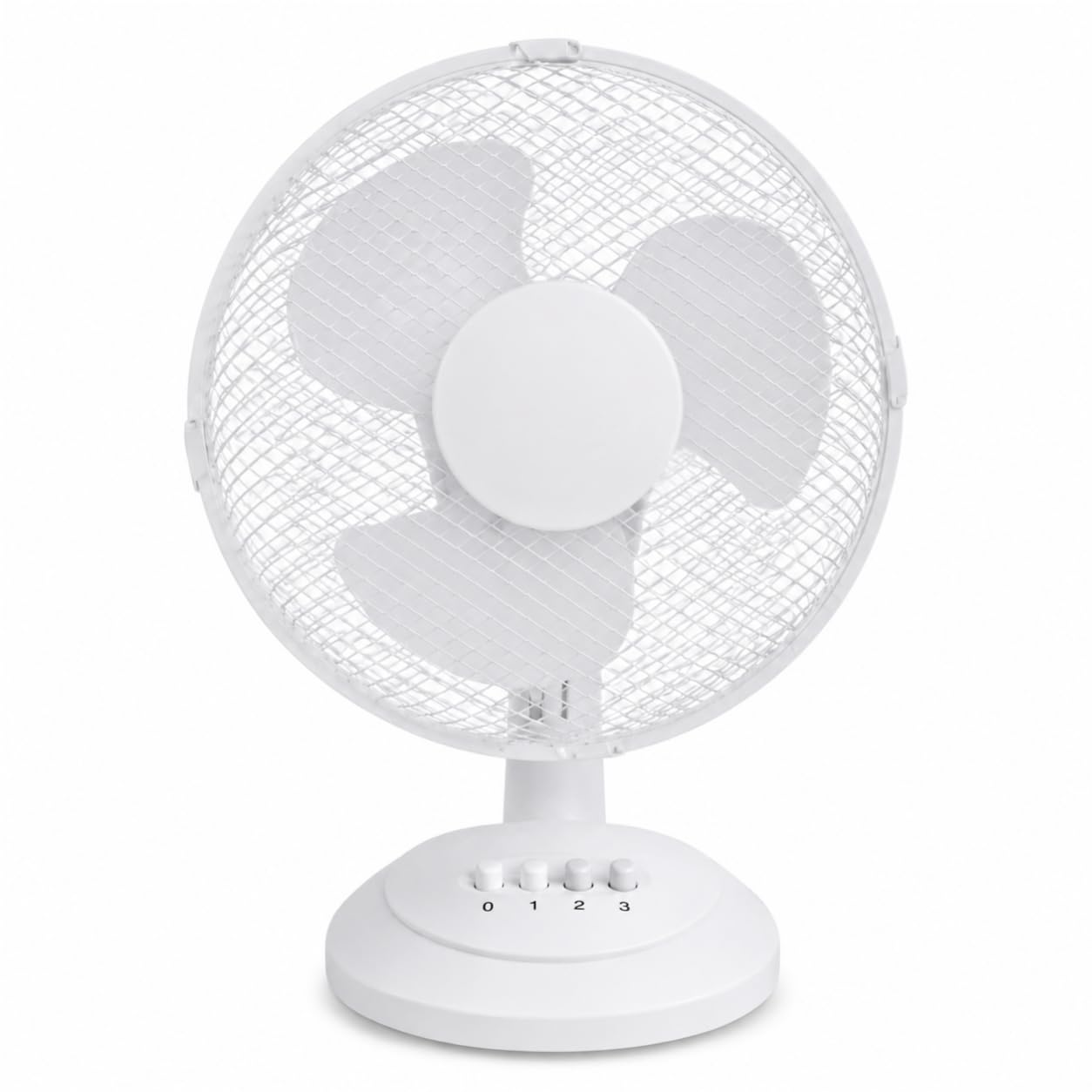White Table Fan with 3 Speed Push-Button Controls, 3-Blade Airflow, Protective Mesh Grille & Stable Round Base, Compact Desktop Cooling Fan for Bedroom, Office & Home