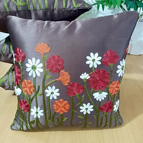 Image of LOFEY Satin Cushion Covers Set of 5 | 16 inch x 16 inch (40x40 cm) MultiFloral Decorative Sofa & Bed Pillow Covers for Living Room & Bedroom Decor (Without Filler) (Brown)