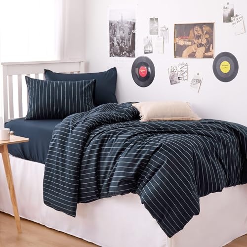 Image of Wake In Cloud - Striped Cotton Duvet Cover Set, Ticking Stripe Vertical Pinstripe Farmhouse, 100% Washed Cotton Textured Bedding Set, 3 Pieces, Navy Blue, Twin /Twin XL Size