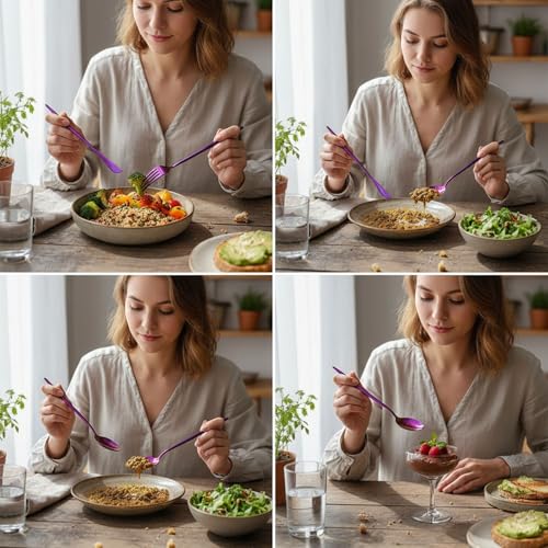 Image of 12 Pcs Pink Slim Handle Stainless Steel Cutlery Set for Dining Table with Spoons and Forks Set + Butterknives - The Perfect Tableware /Flatware