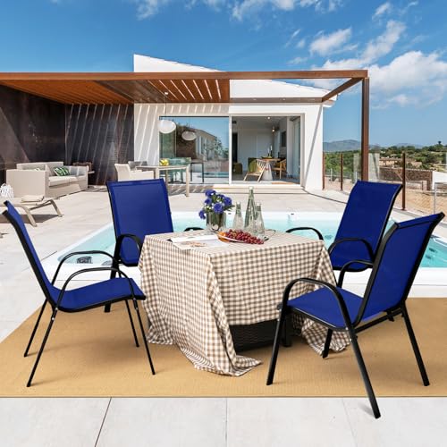 Image of Giantex Patio Chairs Set of 4, Stackable Outdoor Dining Chairs with Breathable & Quick-Dry Fabric & Armrests for All Weather, Lawn, Backyard, Poolside,Porch, Deck, 330 LBS Capacity (Blue)