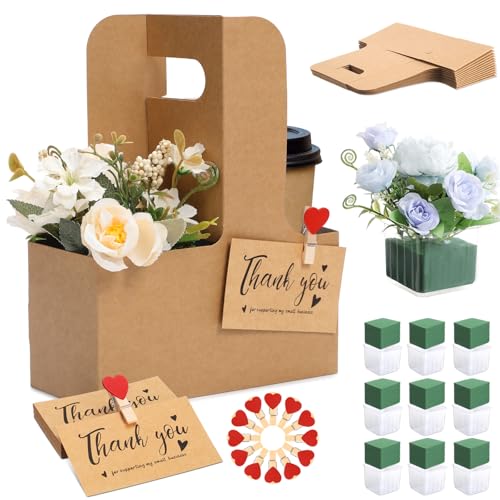 Chunful 15 Set 2 Cup Disposable Drink Carrier with Thank You Card for Graduation Teacher Gifts Flower Foam Plastic Liner Clip Cardboard Cup Holder with Handle for Hot Cold Drinks Wedding by Chunful - Used condition - US$27.31