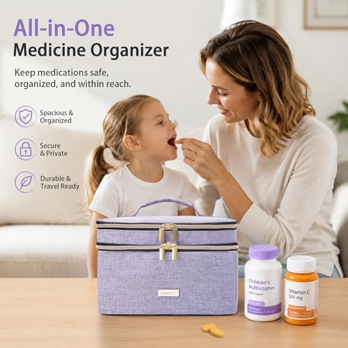 Image of Lexeeco Medicine Storage Bag Pill Bottle Organizer with Portable Small Pouch Travel Medication Bottle Organizer for Emergency Home First Aid Box Kit (Purple)