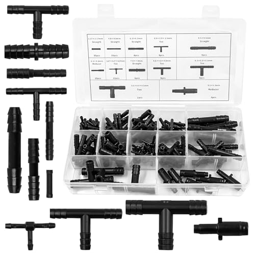 113 Stück Schlauchverbinder Set – 12 Größen T-StückGerade Stück und Reduzierstücke – Für Gartenschläuche, Bewässerungssysteme, Automobil und Wasserkreislaufsysteme