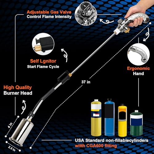 Image of Propane Torch Weed Burner,Extended Blow Torch with Flame Control Valve, Flame Thrower Detachable Long Arm,Burner Torches for Outside, Yard,Garden,BBQ,Weeding,Wood,Melting Snow (37Inch)