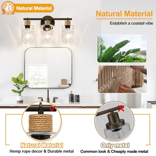Image of MOKATNG Bathroom Light Fixtures, 3-Light Coastal Vanity Lights with Crystal Glass Shade, Oil-Rubbed Bronze Bathroom Wall Lamp for Mirror Kitchen Hallway Cabinet