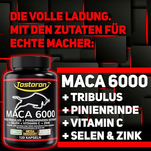 MACA Kapseln hochdosiert + extra stark - 120 Kapseln, Maca Pulver Extrakt, Tribulus terrestris, Pinienrinde, natürliches Vitamin C, Selen, Zink trägt zum Erhalt eines normalen TESTOSTERON SPIEGELS bei