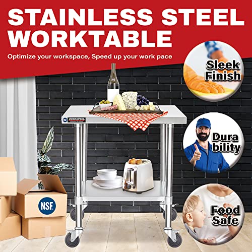 Image of DuraSteel 30x18 NSF Stainless Steel Cart Work Table - Heavy Duty Rolling Food Prep Table - Metal Utility Cart on Wheels Caster, Grill Stand Microwave Outdoor Kitchen Tables Countertop Island Large Top