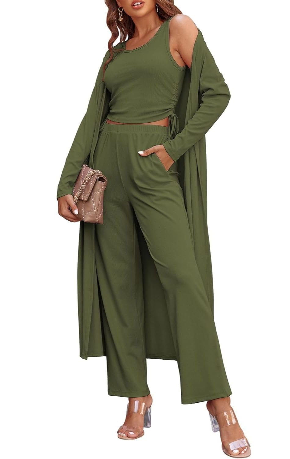 Ladies 3 Piece Long Sleeve Soft Set Hide Belly Fat Formal Sweatsuit Open Front Casual Cardigan