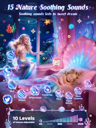 Image of Little Mermaid Toys, 15 Soothing Sounds+18 Films+378 Colors Kids Night Light Projector, 360+Remote+Cordless+Pink Mermaid Birthday Gifts for Girls, Princess Toys Princess Room Decor[Dreamy Packaging]