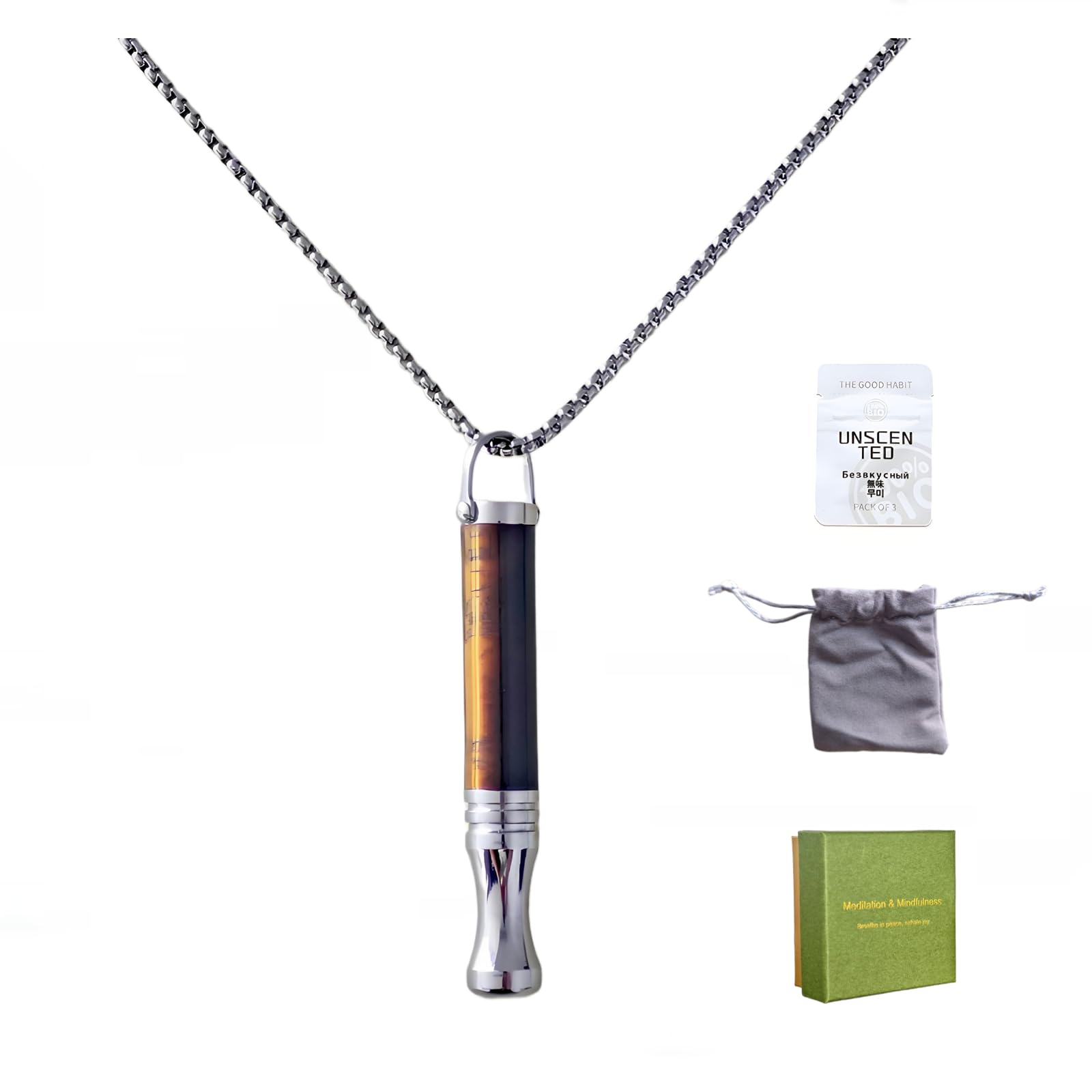 Collar de Respiración con Piedra de Ojo de Tigre y Aromaterapia Cadena de Acero Inoxidable de 70cm Herramienta de Meditación Atención Plena para Calmar,Ayudar a Dormir y Aliviar la Ansiedad el Estrés