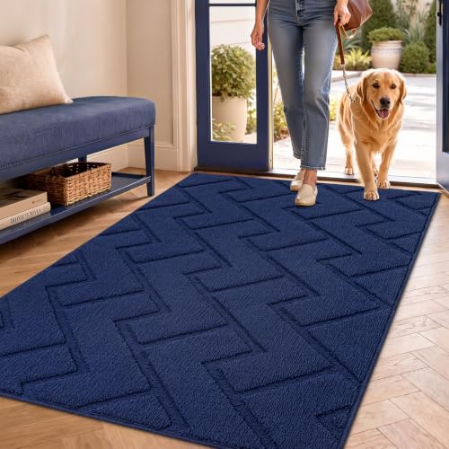 Image of hicorfe Front Door Mat Outside Entrance,36 inchx59 inch Absorbent Muddy Dirt Resist Welcome Door Mats Outdoor Indoor,Stain and Fade Resistant,Non Slip Backing Entry Mat Doormat for Entryway(Navy Blue)