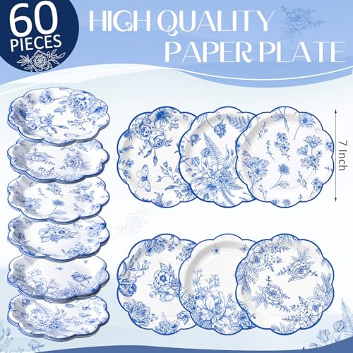 Image of Funnymoom 60 Pcs 7 Inch Blue Floral Plate Blue and White Toile Scalloped Paper Plates for Dessert Disposable Vintage Flower Party Decor Tableware for Spring Wedding Bridal Shower Tea Party Supplies