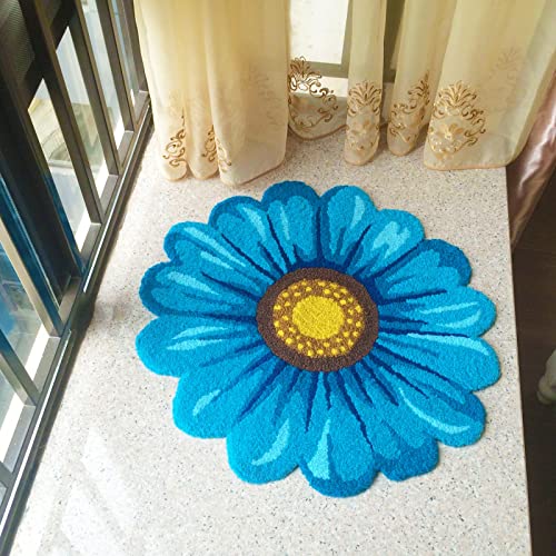 Sunflower Area Rug Mat 19.6" X 19.6" Blue Floral Bathroom Rug Soft Plush Flower Doormat Non-Slip Rustic Small Carpet Handmade Floral Door Mat For Bathroom Bedroom Living Room Kitchen Blue #TOP6