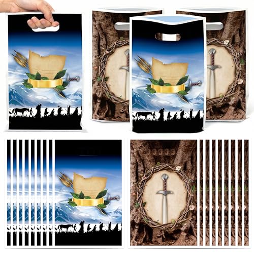 Andi Cppss Middle Earth Party Favor Bags - 50PCS Rings Themed Movie Party Decorations Gift Bags with Handles Double-Sided Rings Dagger Patterns Fantasy Film Goodie Bag for Fans Birthday Party Supplies