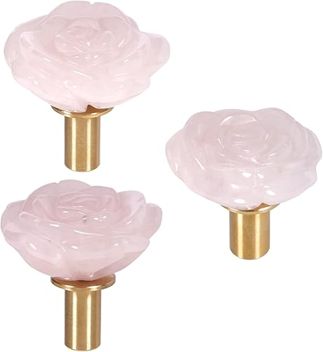 Miniatura 3 de mookaitedecor Juego de 4 pomos de cristal de cuarzo rosa natural con tornillos, tiradores decorativos de piedra floral para cajones de cocina,
