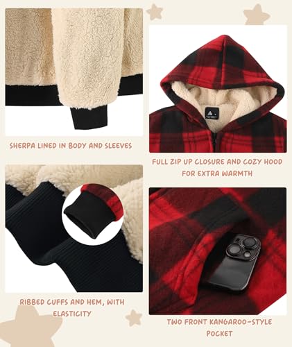 Image of V VALANCH Boys Flannel Jacket Hooded Fleece Lined Zip-up Hoodies Plaid Coat for Kids