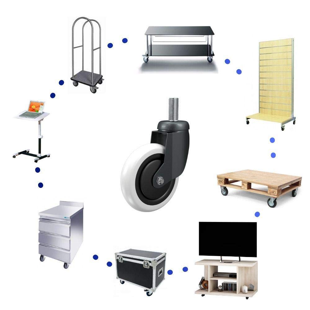 Set 4 Ruote 60mm 240kg in Gomma Bianca di Design con Supporto a perno filettato, doppio giro di sfere e Freno per arredamento Made in Italy