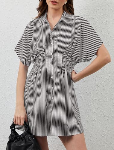 Image of Women Button Down Pleated Shirt Dress Summer Short Sleeve Blouse Striped Print Corset Mini Dresses