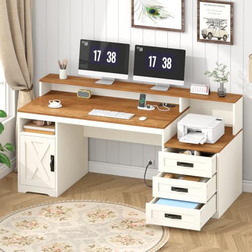65' Farmhouse Computer Desk with Drawers and Printer Stand for Home Office