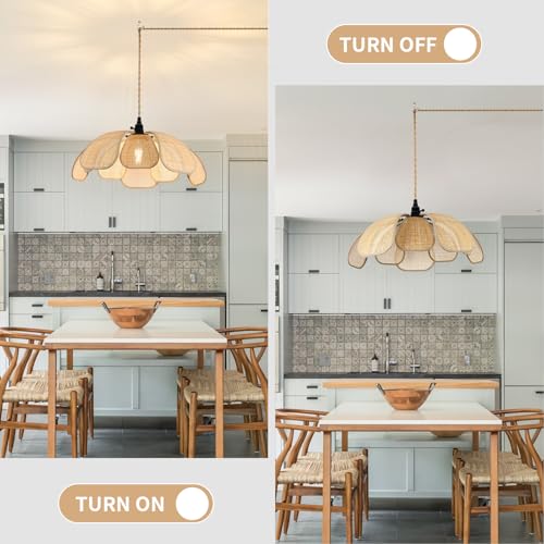 Image of 20 Inch Boho Flower Plug in Chandeliers for Dining Room | Farmhouse Rattan Pendant Lights Girl Chandelier Hand Woven Bedroom Light Fixture Dimmable Hanging Lamp For Kitchen Island