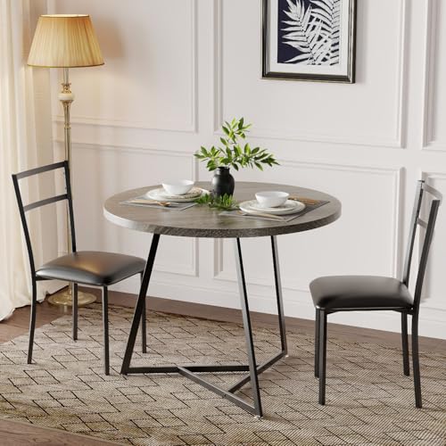 Garvee Dining Table Set for 2, Wooden Kitchen Table and Chairs of 2 with Upholstered Chairs, Round Kitchen Tables Set, 3 Piece Dining Room Table Sets for Small Space, Apartment, Rustic Gray by Garvee - Image 2