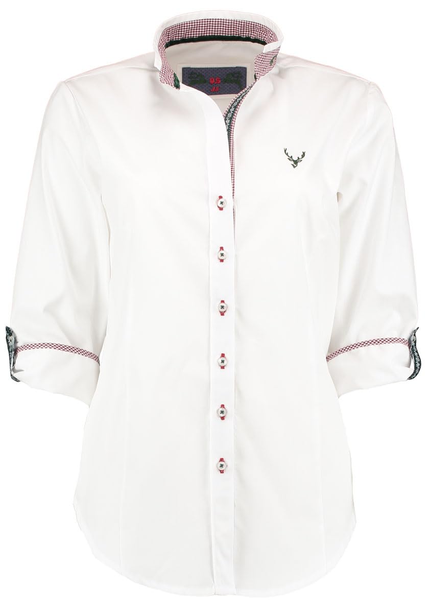 OS Trachten Damen Bluse Langarm Trachtenbluse mit Stehkragen Pufoya