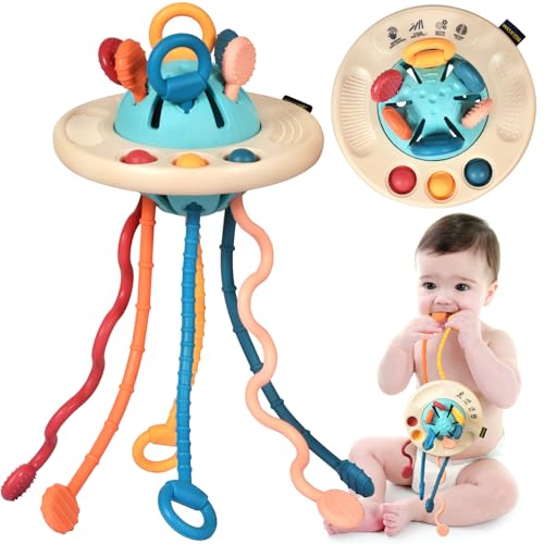 Baby Sensory Montessori Teething Toys for 24 Months, Pull String Silicone Teething Toy for 2 3 Year Old, Sensory Development Toddler Travel Toys for 2-3 Year Old Boy Girl Birthday Gifts