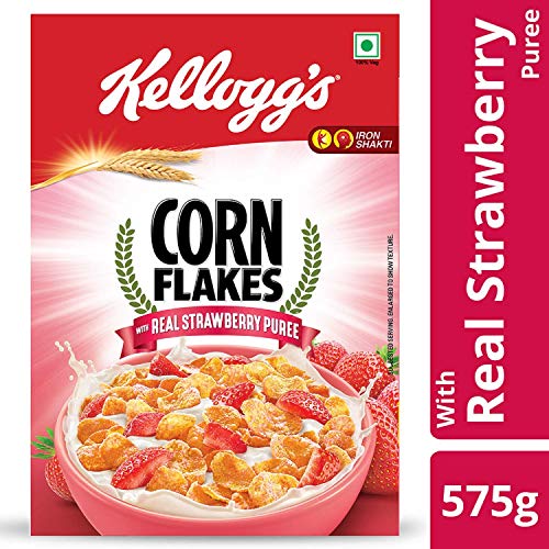 Image of Kellogg's Combo, Kellogg's Chocos, High in Protein, B Vitamins, Calcium And Iron, 1.2kg Pack and Kellogg's Corn Flakes Real Strawberry Puree, 575g