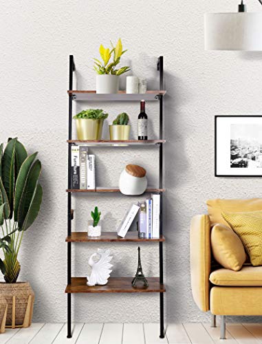 amzdeal Industrial Ladder Shelf, 5-Tier Bookshelf, Plant Stand,Rack Storage Shelves,Display Shelf,Stable Metal Frame,for Bathroom, Kitchen, Living Room,Balcony,Bedroom,Office