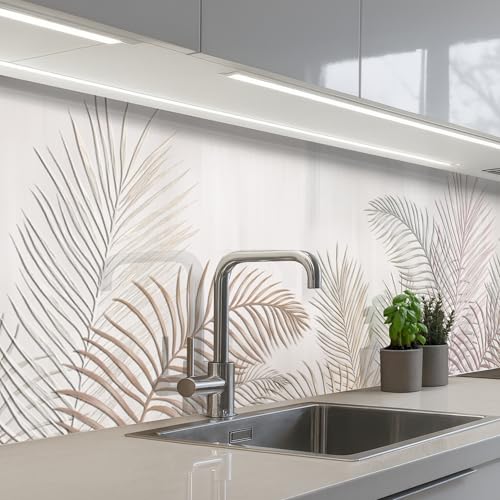 KitchenYeah© Rückwand Küche 60x250 cm Rückwandschutz Selbstklebend Spritzschutz Küchenrückwand Küchenfront Küchen Selbstklebende Küchenrückwände Blätter - Beige - Botanisch - Vintage