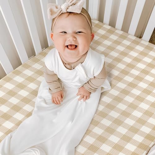 Image of GRSSDER 100% Cotton Muslin Crib Sheet 2 Pack - Breathable & Ultra-Soft Fitted Crib Sheets for Standard Baby & Toddler Mattresses, 52 inchx28 inch with 9 inch Deep Pocket, Snug Fit All-Around Elastic