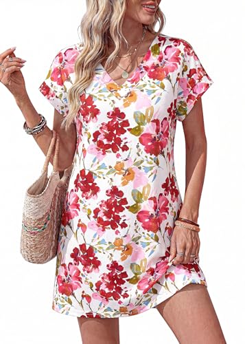 KIRUNDO Summer Dresses for Women 2026 Beach Sundress Spring Casual V Neck Boho Floral Vacation Outfits Cruise Resort Wear(White Red Flower, Medium)