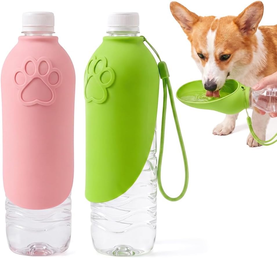 Portable Dog Water Bottle Foldable Silicone Travel Water Bottle，Green+Pink